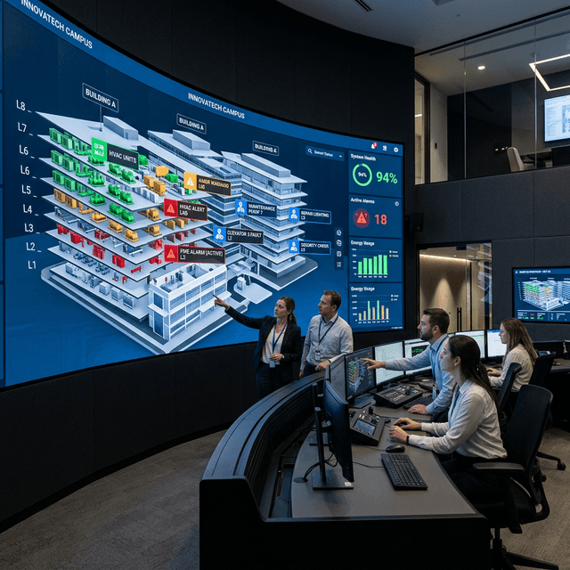 An estate operations centre: a live 3D model of the buildings with alarms, maintenance and energy on one wall