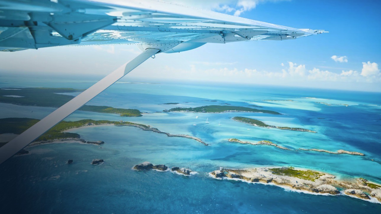 View from an aircraft wing over the Bahamas islands