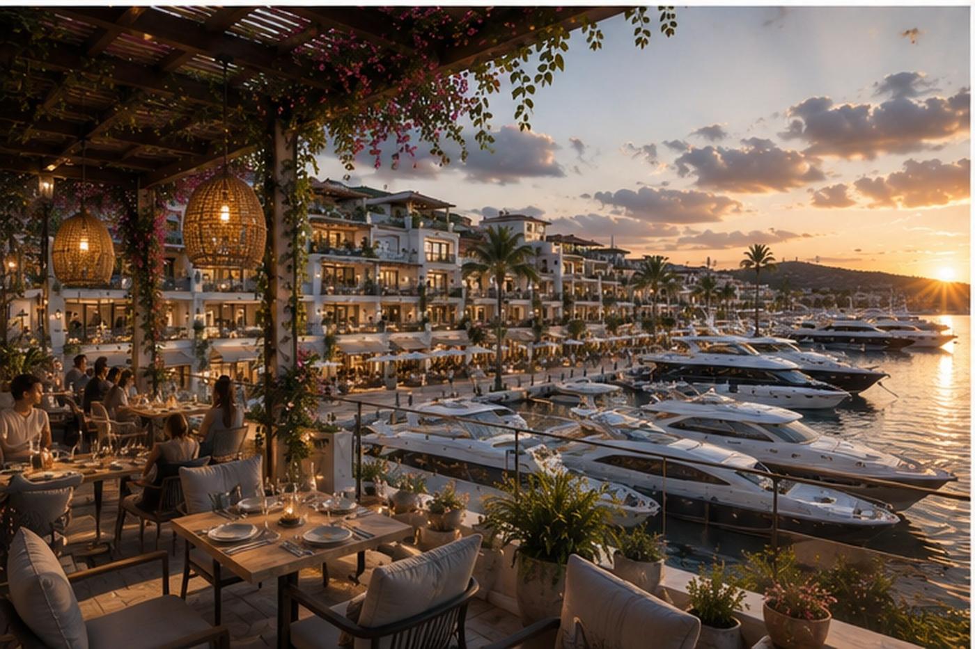 Port Elysium marina village at sunset — waterfront dining and berths