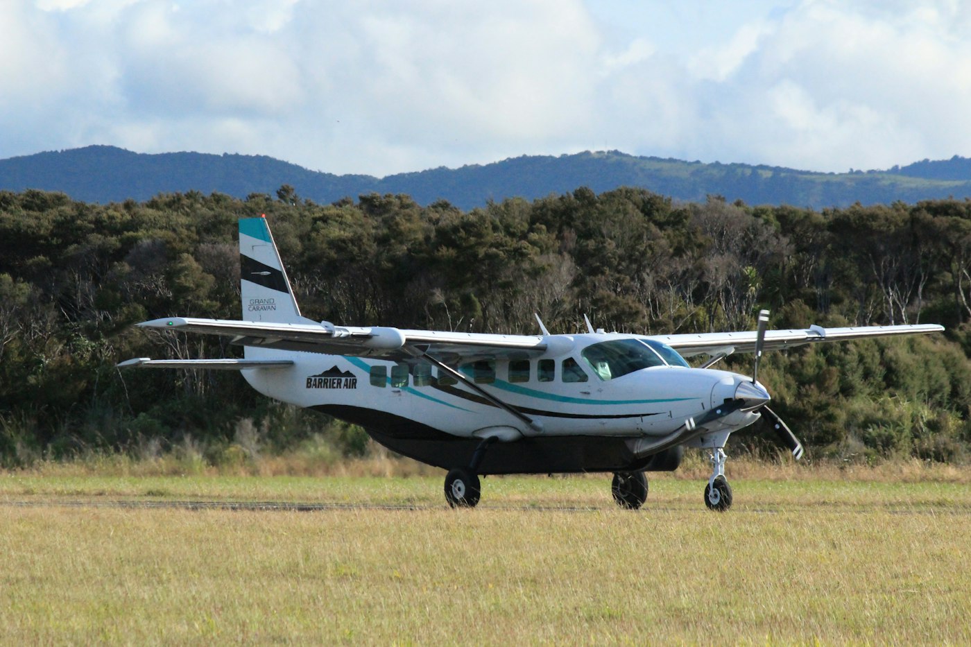 A Cessna Grand Caravan on a grass airstrip