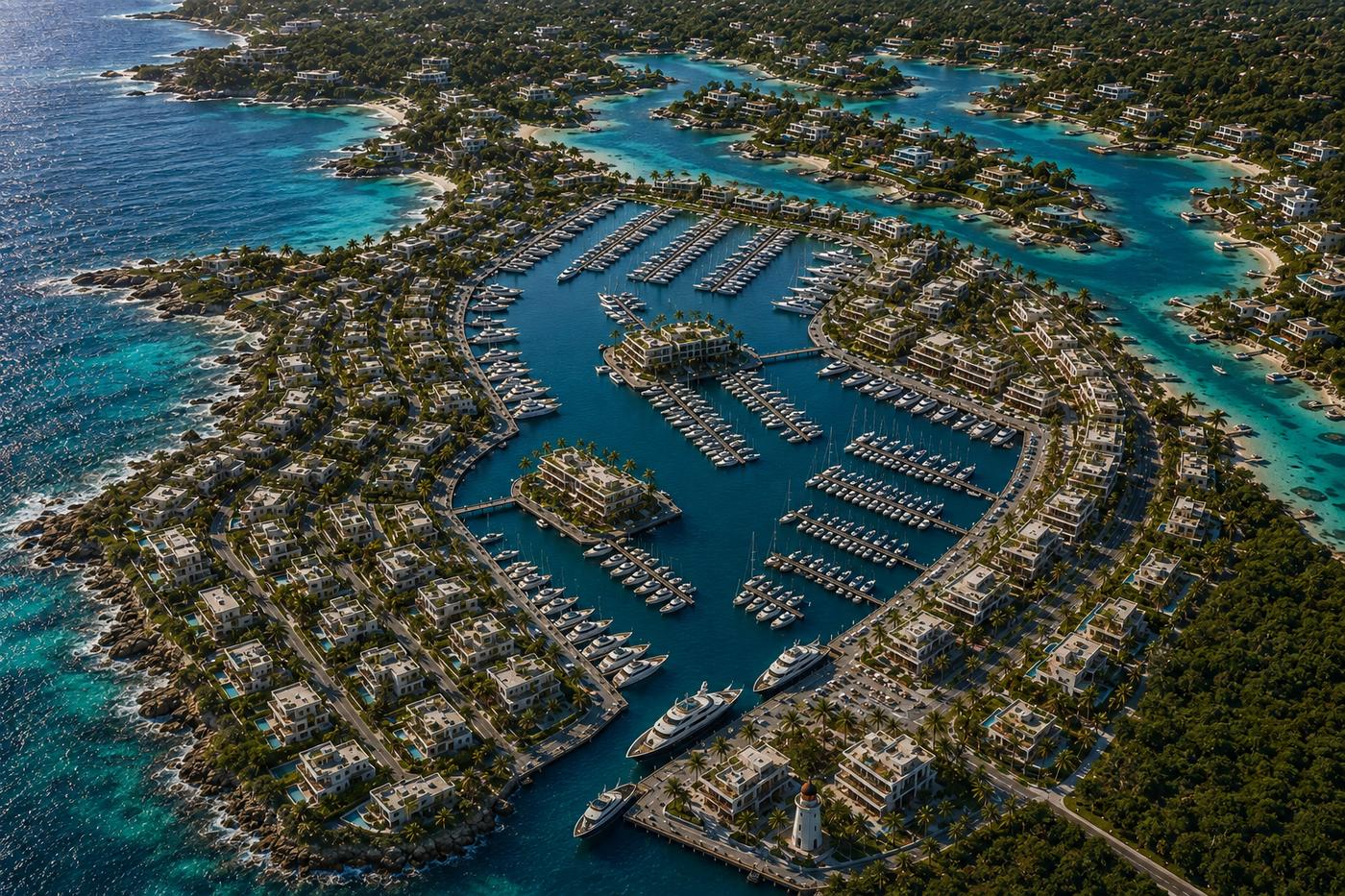 Aerial view of the inland-cut Port Elysium International Marina — 640-berth basin protected on all sides by land