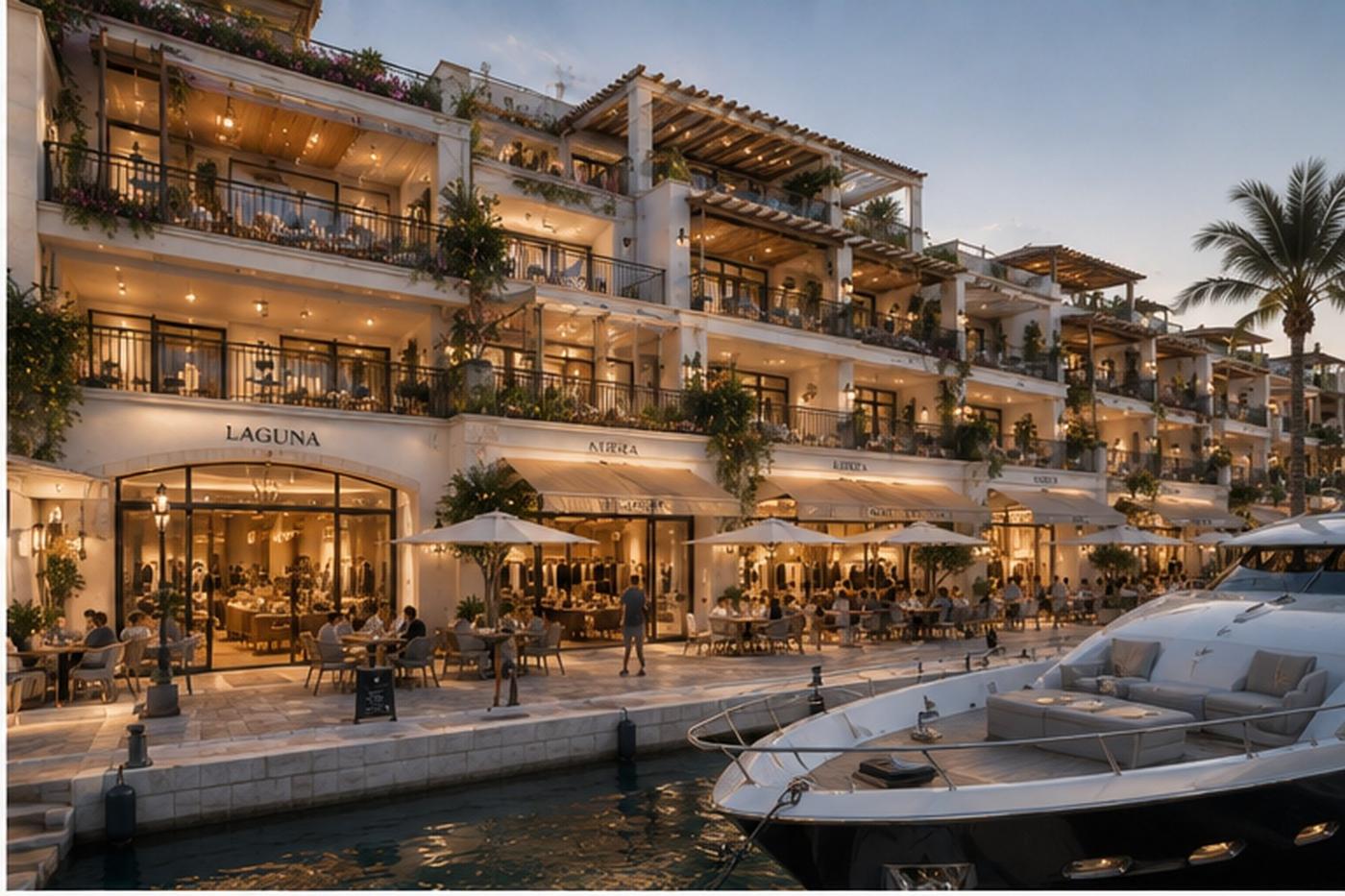 Port Elysium marina village promenade at golden hour