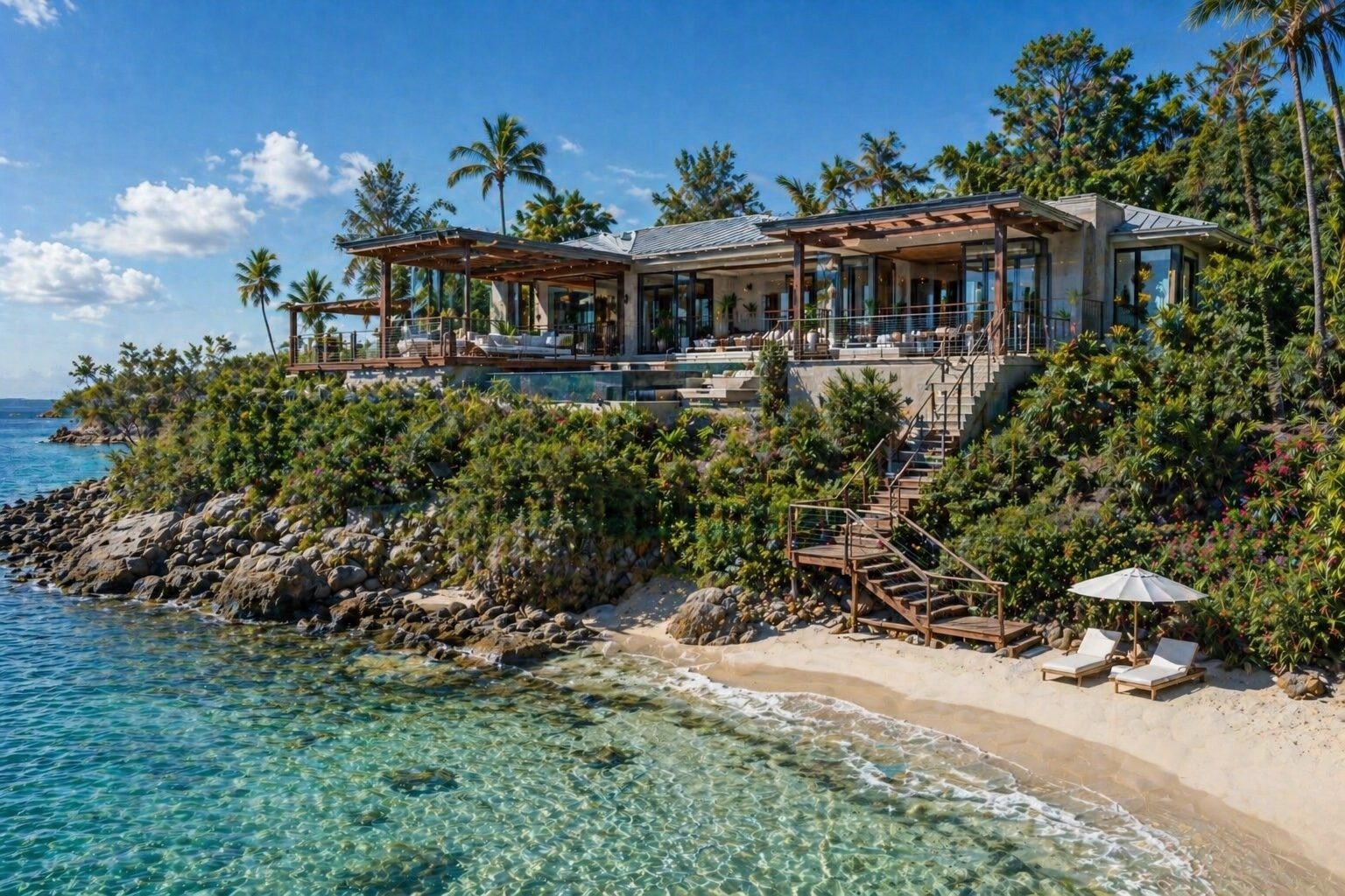 Port Elysium oceanfront villa with deck and private beach
